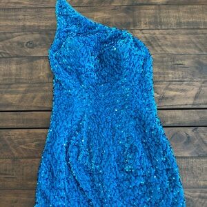 Blue shimmer homecoming dress off the shoulder open back dress